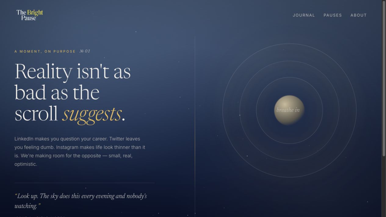 The Bright Pause homepage with its breathing orb and guided pause introduction
